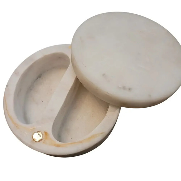 Vintage Home Marble Salt Cellar Sliding Lid Cover Copper Base Trinket Box Heavy - Picture 2 of 9
